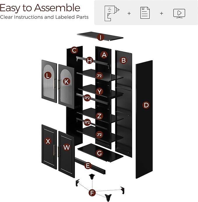 75" Tall Kitchen Pantry Cabinet, Metal Storage Cabinets with Acrylic Doors and Adjustable Shelves, Hutch Cabinet with Storage, Black Microwave Stand Cabinets for Dining Living Room-CasaMuseHome