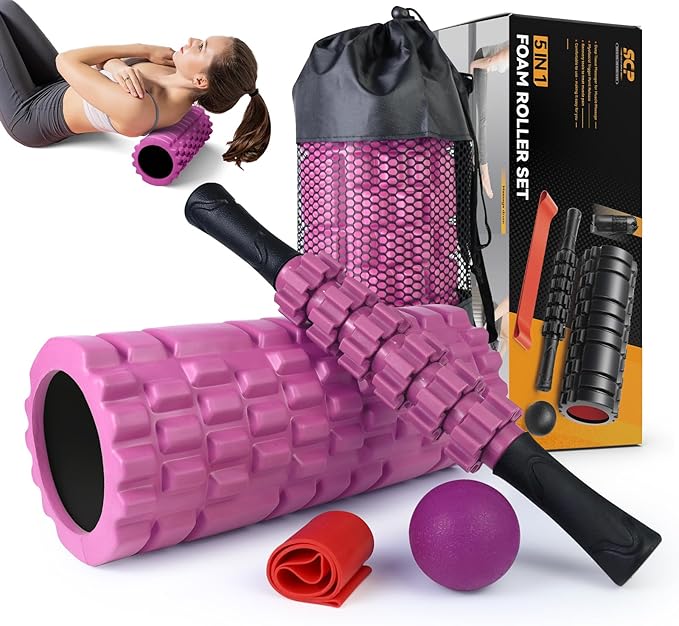 5 in 1 Foam Roller Set for Deep Tissue Muscle Massage, High Density Fitness Exercise Foam Roller, Massage Roller, Massage Ball, Resistance Band, for Whole Body (Pink-Black)-CasaMuseHome