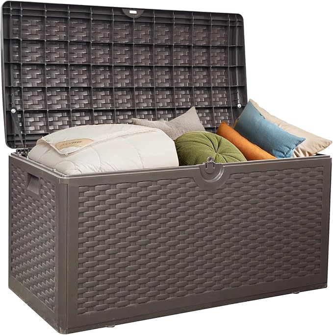 80 Plus Gallon Outdoor Storage Box, Waterproof Resin Deck Box Outdoor Storage Bin for Patio, Poolside, and Garden, Lockable & UV-Resistant, Ideal for Small Spaces, Brown-CasaMuseHome