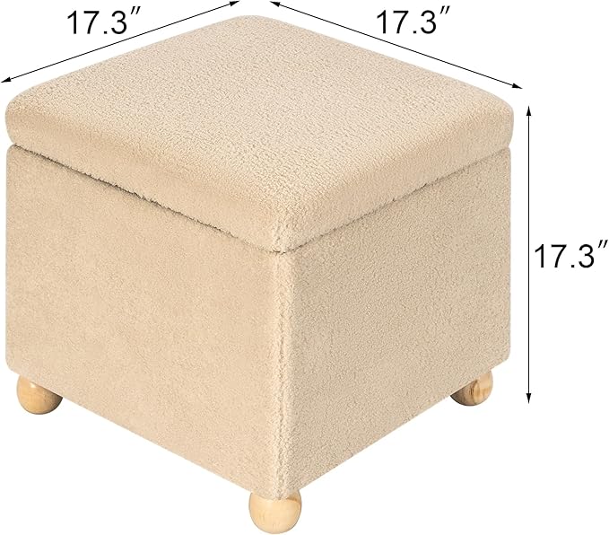 Adeco 17 Inch Soft Oatmeal Cube Ottoman Storage, Teddy Velvet Chair Foot Stools, Upholstered Vanity Stool with Hinged Lid, Solid Round Wood Legs-CasaMuseHome