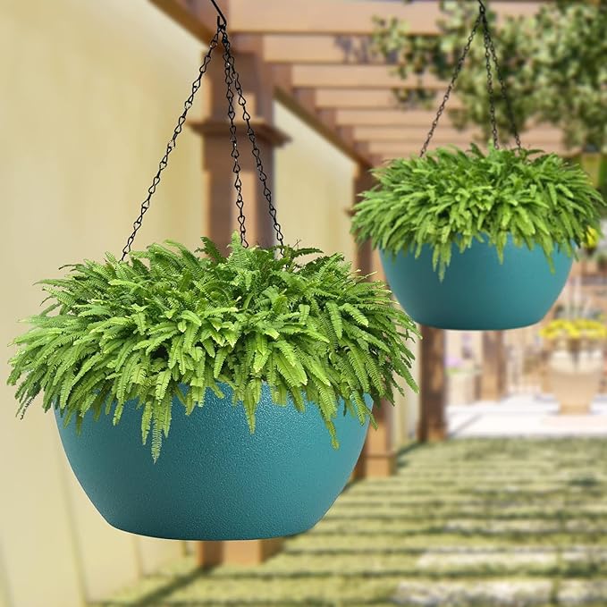 13 inch Large Hanging Planters Plant Pots for Outdoor Indoor Plants with Drainage Holes and Chain, 2 Pack Round Hanging Flower Pots for Garden Home Porch Decor, Blue Green-CasaMuseHome