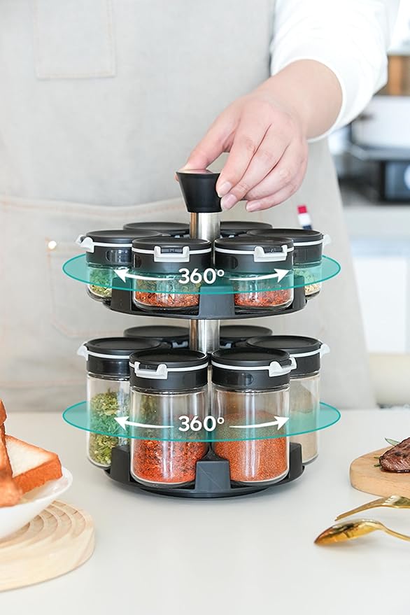360 rotating 2 tier jars spice rack (6 small 6 large spice jars) Revolving Seasoning Organizer. Spinning Spice Rack for Counter top and Cabinet WITH Custom Label Stickers.-CasaMuseHome