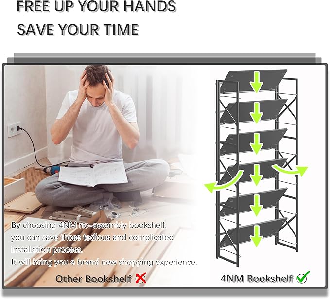 4NM 6 Tiers No Assembly Book Shelves, 61.8" H Folding Bookshelf Bookcase Open Industrial Foldable Shelves for Bedroom, Living Room, Home Office - All Black-CasaMuseHome