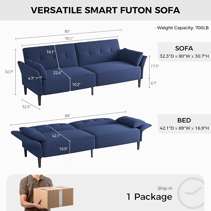 89” Futon Sofa Bed, Linen Comfy Futon Couch Bed with 2 Square Pillows, Convertible Sleeper Sofa with Adjustable Backrest& Armrests, Modern Loveseat Sleeper for Living Room, Bedroom, Blue-CasaMuseHome