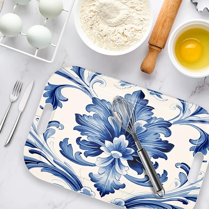 Serving Trays with Handles, 14.5 x 9.8 inch Rectangular Plastic Tray for Restaurant, Kitchen, Blue and White Pattern-CasaMuseHome