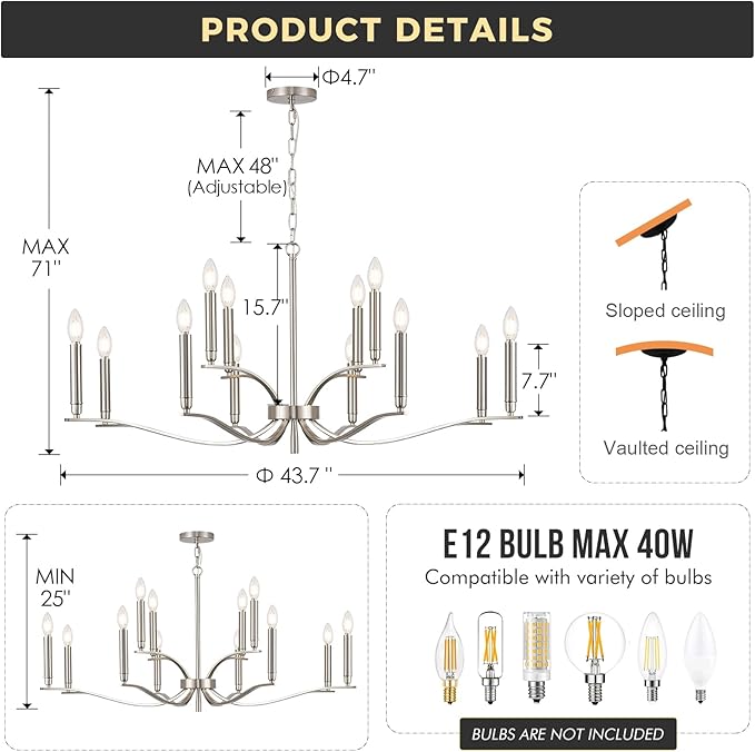 12 Light Nickel Living Room Chandelier High Ceiling Foyer Candle Chandelier Large Modern 44in Metal Chandeliers Hanging Light for Master Bedroom Dining Room Light Fixture Over Table-CasaMuseHome