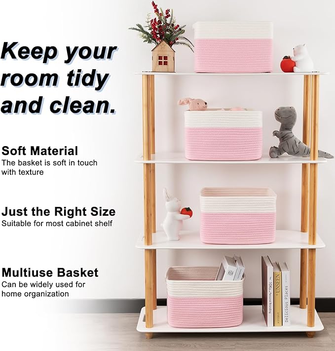 4 Pack Storage Baskets for Organizing, Woven Baskets for Shelves - Perfect for Toys, Books, Towels, and Clothes, Durable Gift Basket Bins Toy Storage, 12.7''Lx9''Wx7.8''H, Pink & White-CasaMuseHome