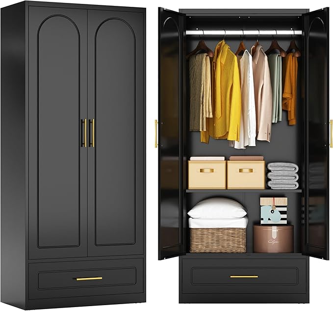 71" Metal Armoire Wardrobe Closet with 2 Doors and Drawer, Tall Wardrobe Cabinet with Hanging Rod and Adjustable Shelves, Black Clothing Storage Cabinets for Bedroom, Home Office-CasaMuseHome