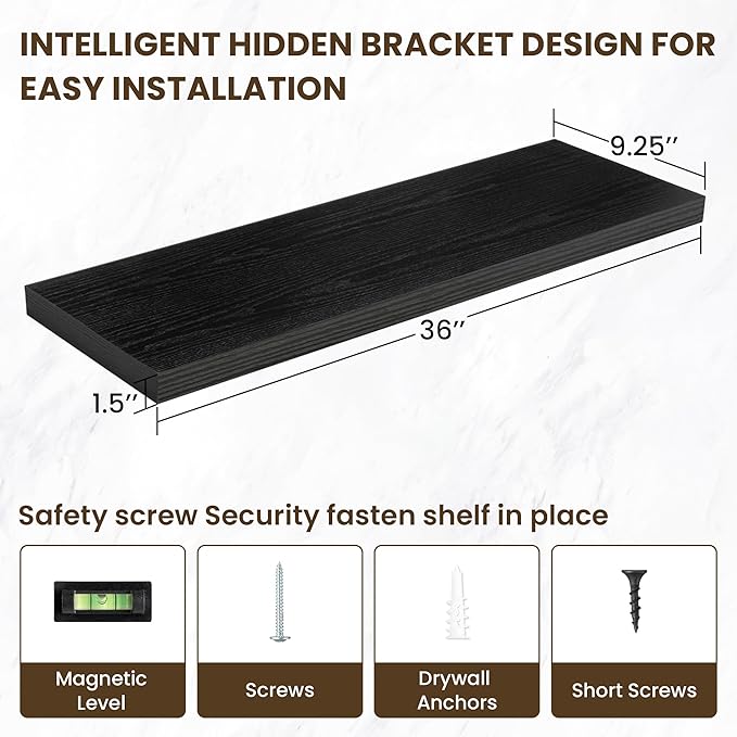 36 Inch Floating Shelves, 36"x9.25"x1.5" Inch Deep Floating Shelves for Wall, Wooden Shelves for Bathroom, Bedroom, Living Room, Black-CasaMuseHome