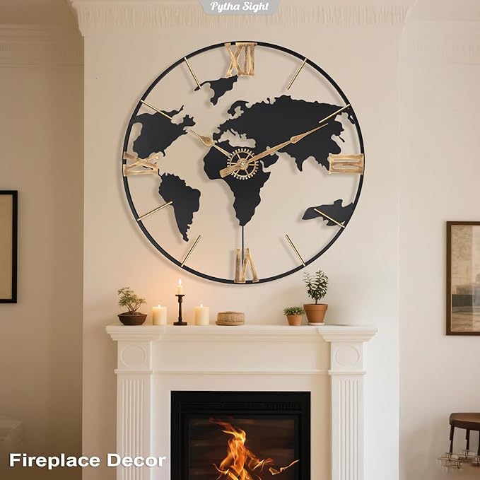 30 Inch Large Modern Decorative Metal World Map Wall Clocks Giant Extra Vintage Gold Roman Numeral Oversized Wall Clock for Living Room,Office,Dining Room,Entryway,Fireplace-CasaMuseHome