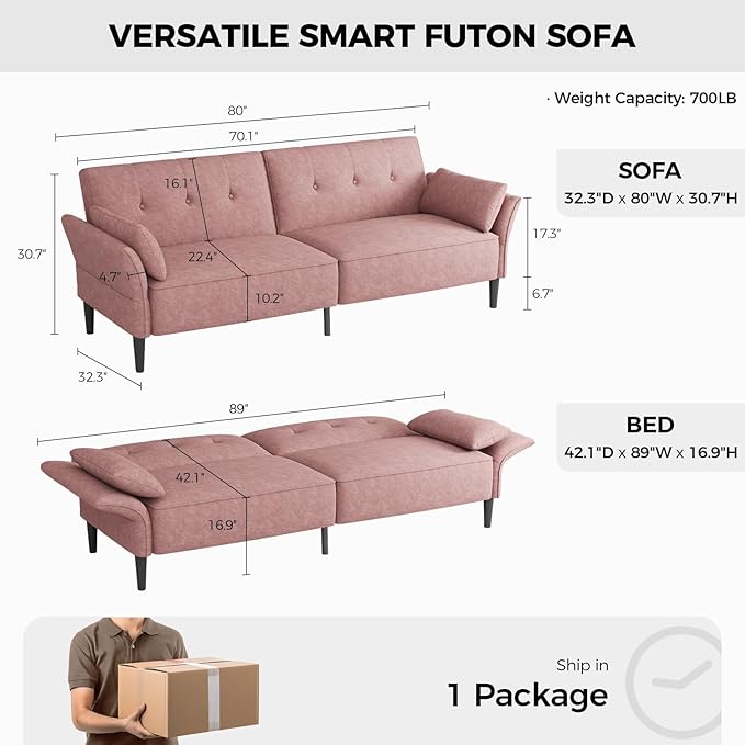 89” Futon Sofa Bed, Velvet Fabric Futon Couch Bed with 2 Square Pillows, Convertible Sleeper Sofa with Adjustable Backrest& Armrests, Modern Loveseat Sleeper for Living Room, Bedroom, Pink-CasaMuseHome