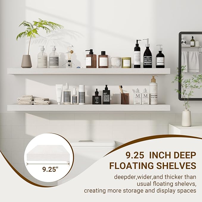 48 Inch Floating Shelves, 48"x9.25"x1.5" Inch Deep Floating Shelves for Wall, Wooden Shelves for Bathroom, Bedroom, Living Room, Cream White Oak-CasaMuseHome