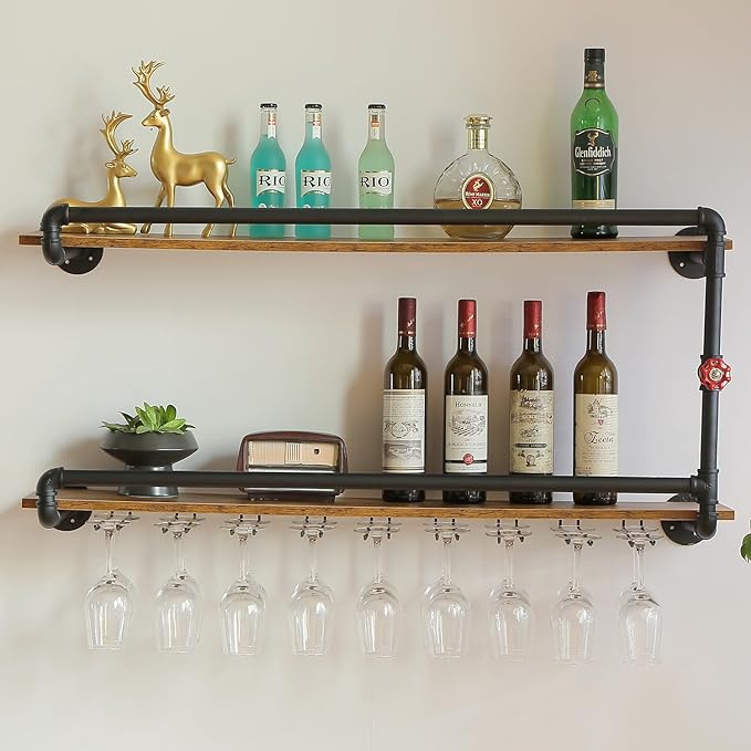 41 Inch Wine Rack Wall Mounted 2 Tier, Hanging Floating Bar Liquor Shelves with Glass Holder Storage Under, Industrial Rustic Pipe Farmhouse Kitchen Decor Black-CasaMuseHome