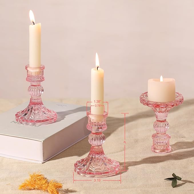 12PCS Pink Candlestick Holders Set- 4" H Taper Candle Holders, Glass Candle Holders Bulk for Wedding, Party, Home Table Centerpieces, Festival Gifts & Windowsill Decor-CasaMuseHome