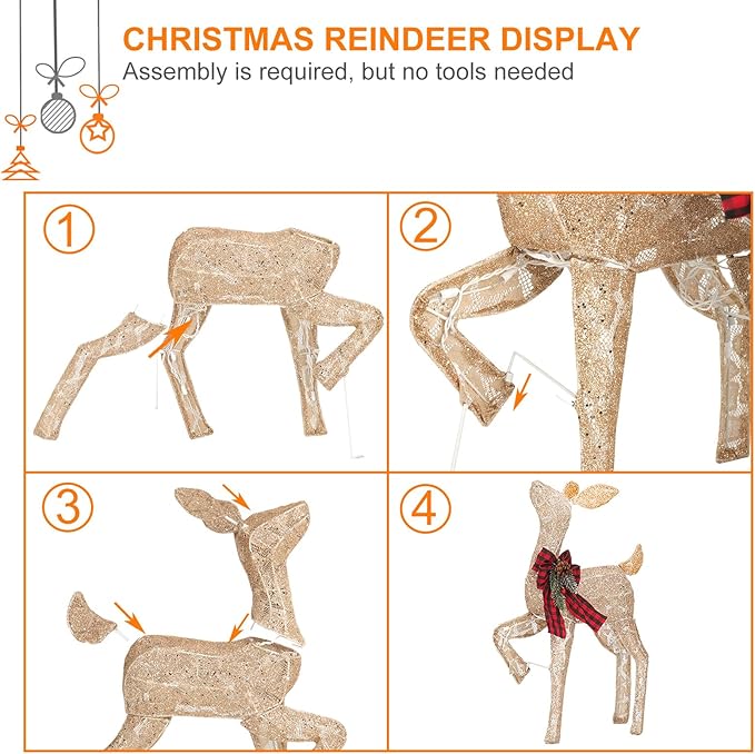 2 Pcs Reindeer Christmas Decoration, Xmas Lighted White Shimmering Doe and Fawn Display Set with 105 Warm White Lights for Yard Lawn Indoor Outdoor-CasaMuseHome
