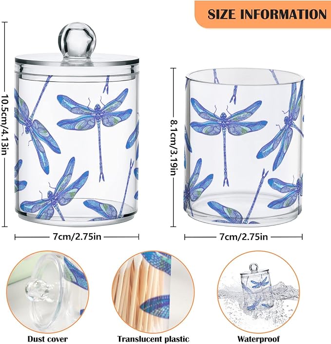 2 Pack Qtip Holder Organizer Dispenser Dragonflies Bathroom Storage Canister Cotton Ball Holder Container for Cotton Swabs/Pads/Floss-CasaMuseHome