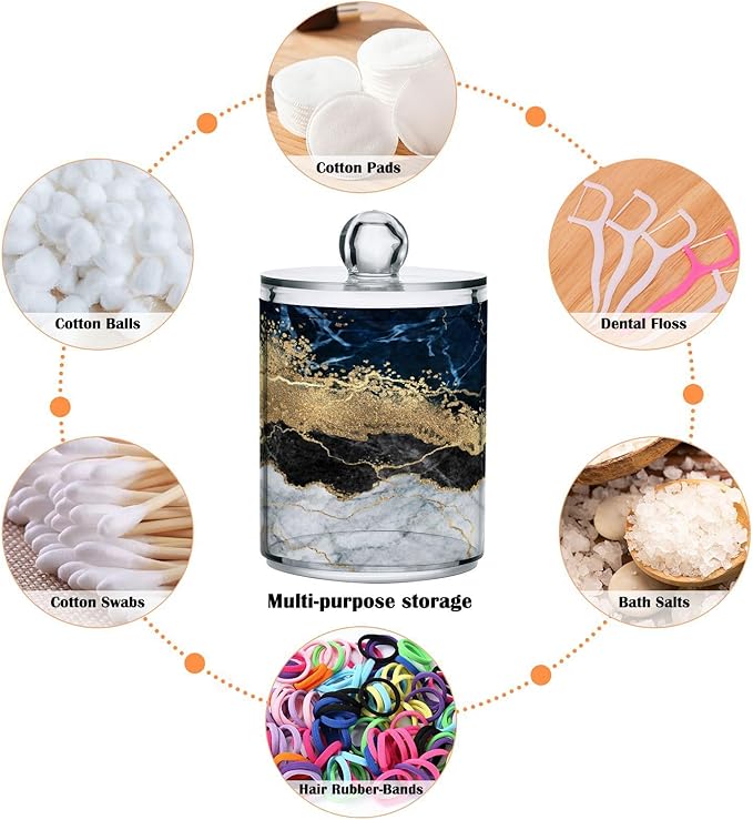 2 Pack Qtip Holder Dispenser Navy Blue Marble Bathroom Storage Canister Lid Acrylic Plastic Apothecary Jar Set Vanity Makeup Organizer for Cotton Swabs/Pads/Floss-CasaMuseHome