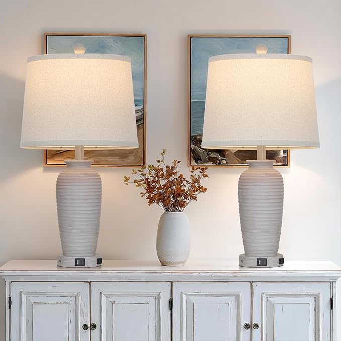 25“ Traditional Table Lamps Set of 2, Bedside Touch Lamp with USB C+A Charging Ports, Rustic Farmhouse Jar Table Lamps for Living Room Bedroom, Side Table Lamp with Beige Fabric Shade, Antique Grey-CasaMuseHome