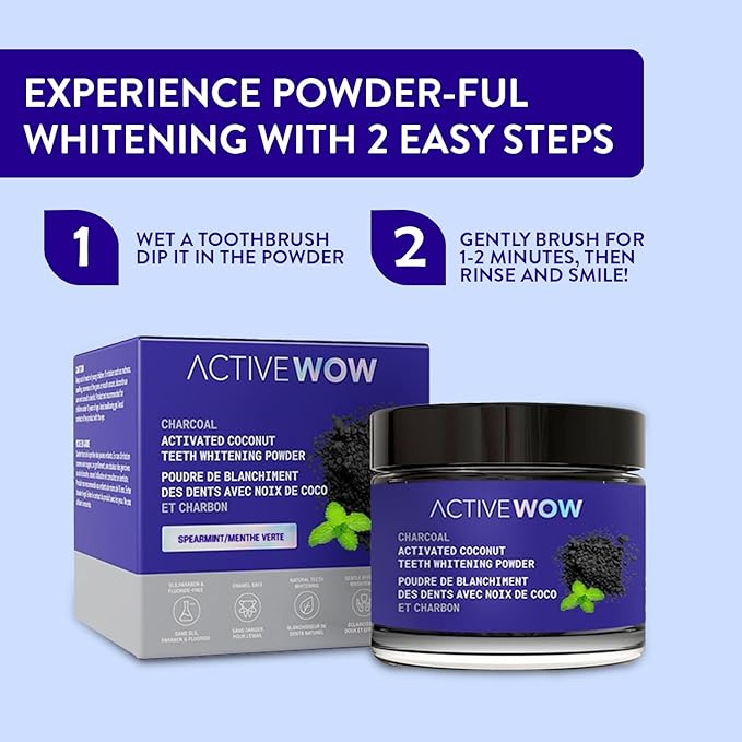 Active Wow Activated Coconut Charcoal Powder - Natural Whitening, Fluoride Free, Sulfate & Paraben Free, Spearmint Toothpaste Powder, 20g-CasaMuseHome