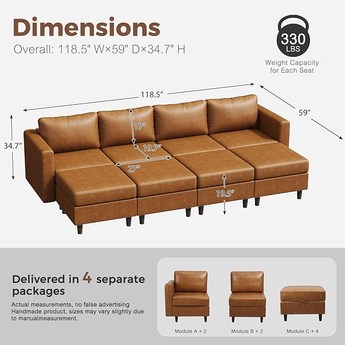 118.5" Luxury Modular Sleeper Sofa Bed with Storage Seat, 8 Seat Sectional Couch Deep Seat with Reversible Chaises & Removable Cover - Brown Faux Leather-CasaMuseHome