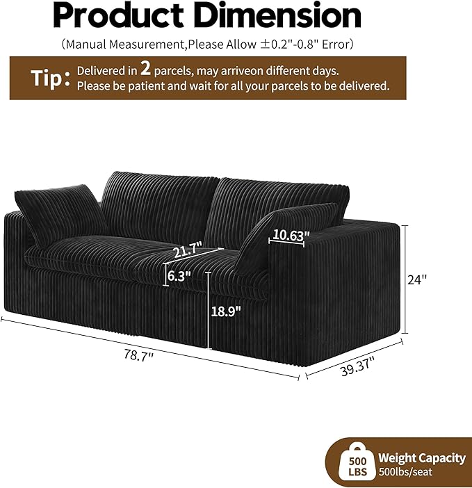 78.74" LoveSeat Cloud Sofa,Modular Sectional Couch,Modern Deep Seat Upholstered Couches with Plush Corduroy Fabric for Living Room Furniture,Bedroom and Apartment,No Assembly Required,Black-CasaMuseHome