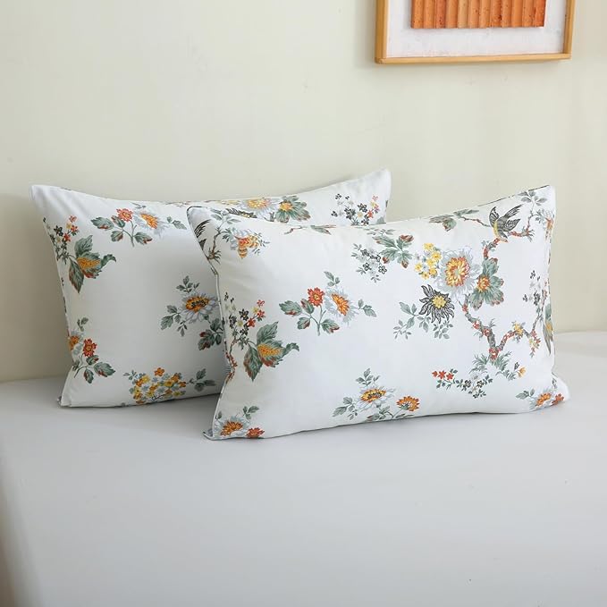 ABREEZE Floral Duvet Cover King Size Set Bird Flowers Bedding Set 100% Brushed Cotton Bedding Collection 1 Duvet Cover with 2 Pillowcases White-CasaMuseHome