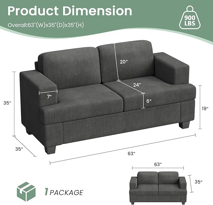 2 Pieces Corduroy Couch Set for Living Room, Black Cloud Sofa, Deep Seat Floor Couch for Bedroom, Futon Modern Sofa Sectional Bed, Black Corduroy-CasaMuseHome