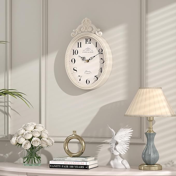 Abdurey Small French Retro Decorative Wall Clock, Ivory White Vintage Oval Style,Silent Battery Operated Boho Decor Wall Clocks for Farmhouse,Kitchen,Bedroom,Bathroom(10.4" H x 6.7" W)-CasaMuseHome