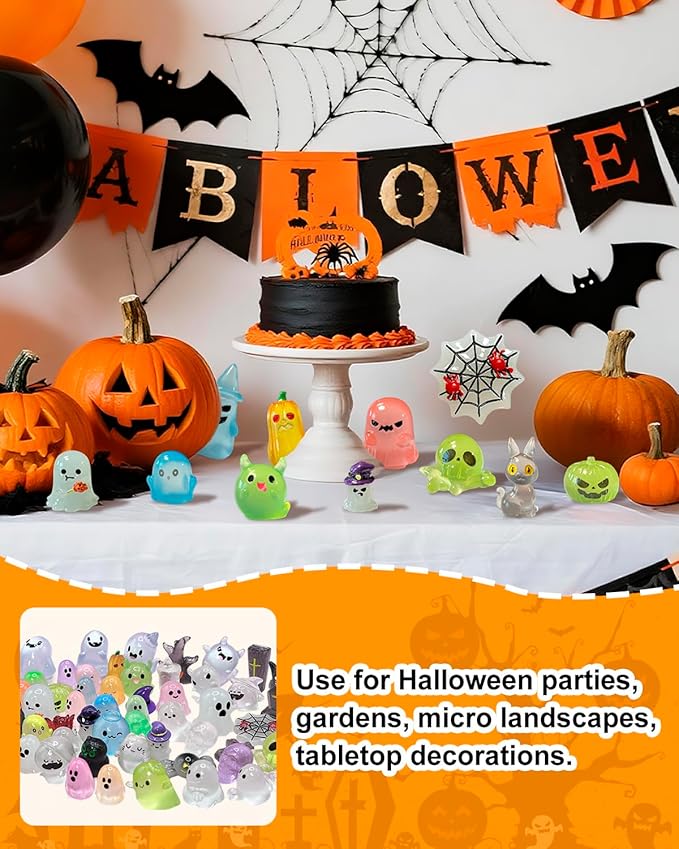72 Pcs Halloween Mini Resin Animals Figures Kit - Luminous Tiny Resin Figurines Accessories, Glow in The Dark Miniature Ghost Figurines for Halloween Party, Micro Landscape, Tabletop Decor-CasaMuseHome
