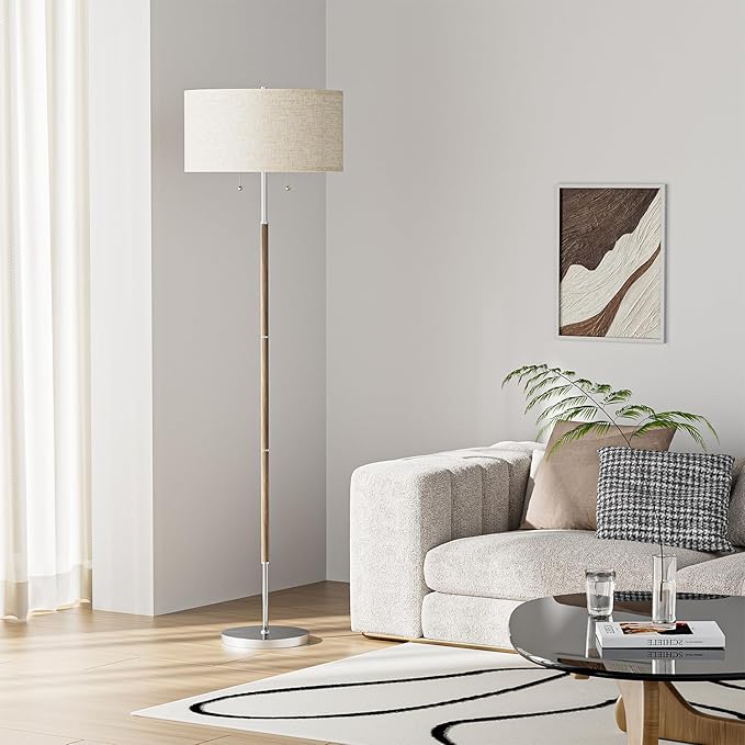 2-Light Floor Lamp, Mid Century Floor Lamp with Beige Lampshade, Standing Lamp Tall Lamp for Living Room Bedroom, 3 Color Temperatures 9W Bulb Include-CasaMuseHome