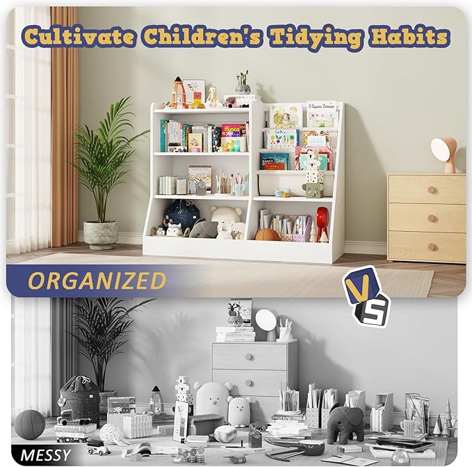 39" Large Kids Wooden Bookshelf and Toy Storage Organizer, Baby Bookcase with Sling Book Rack, Children Toddler Wooden Book Shelf for Kids Rooms, Playroom, Classroom, Nursery, School (White)-CasaMuseHome