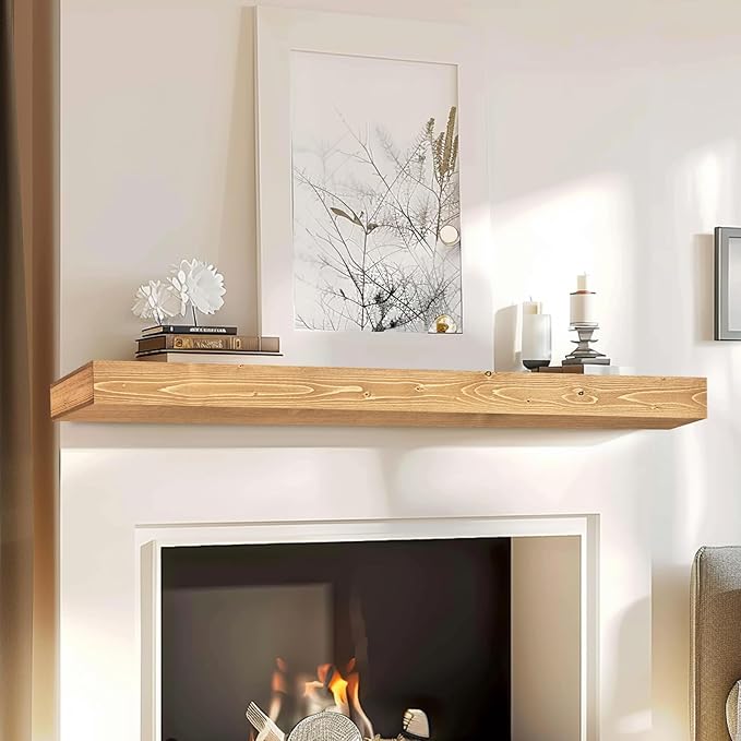 60x8x3 Fireplace Mantel - Handcrafted Hollow Rustic Solid Wood Wall Mounted Floating Shelf with Invisible Heavy Duty Wood Bracket (Natural Wood)-CasaMuseHome