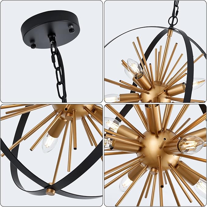 17.72'' Black Gold 8-Light Globe Sputnik Chandelier Modern Industrial Adjustable Hanging Ceiling Firework Pendant Light Fixture for Entryway Stairway Kitchen Dining Living Room Hallway-CasaMuseHome