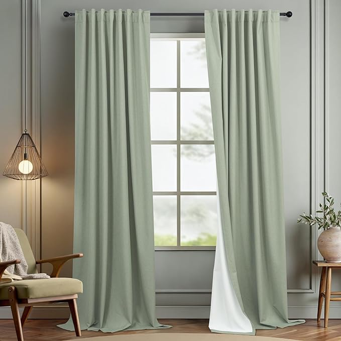 96 Inch Curtains 2 Panels Set Drapes 96 Inches Long Spring Curtain for Living Room Sage Green Black Out Linen Room Darkening Blackout Thermal Vertical Patio Blinds for Sliding Glass Doors Vintage Boho-CasaMuseHome