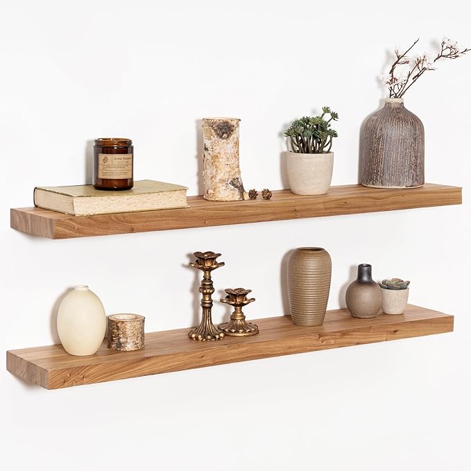 36 Inch Floating Shelves for Wall, Rustic Elm Wood Shelf for Home Decor, Heavy-Duty Wooden Floating Shelves for Kitchen, Wall Mounted Storage Shelves for Bathtoom, Living Room, Natural Color, Set of 2-CasaMuseHome