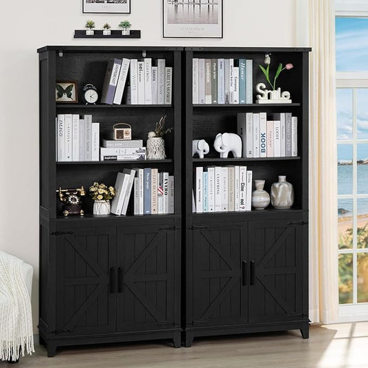 70in Tall Bookshelf 5 Tier Bookcase with Barn Doors and Adjustable Shelves, Black Farmhouse Book Shelf with Storage Cabinet, Wood Freestanding Display Bookshelves for Bedroom, Kitchen (2PCS)-CasaMuseHome