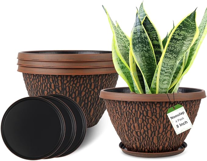 4 Pack Plant Pots Outdoor Indoor, 8 Inch Small Flower Pots with Drainage Hole & Tray, Thickened Plastic Outdoor Planters for Garden House Decor - Pebbles Pattern Design-CasaMuseHome