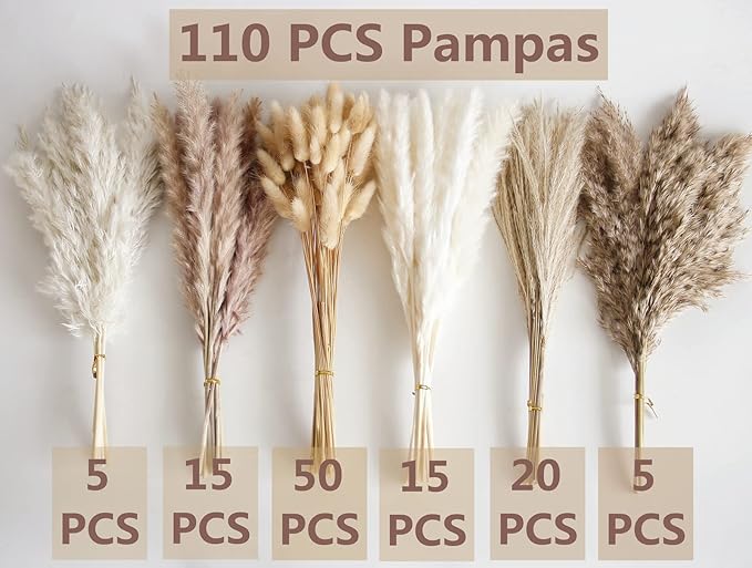 110 PCS Dried Pampas Grass Bouquet, Boho Table Decor, Bunny Tails Dried Flowers, Brown Pompas, White Pampas Grass for Wedding, Home, Rustic Party, Baby Shower Decorations-CasaMuseHome