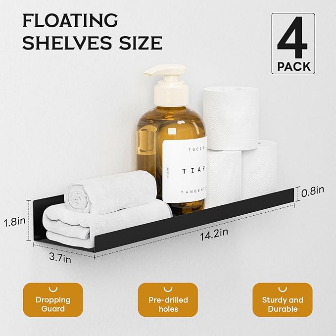 4 Pack Floating Shelves for Wall Storage, Metal Black Hanging Shelves for Living Room/Kitchen/Bedroom/Bathroom Decor, Set of 4 Organizer for Display, Perfume & Book Shelf Wall Mounted-CasaMuseHome