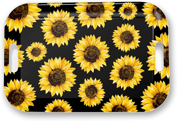 Serving Trays with Handles, 14.5 x 9.8 inch Rectangular Plastic Tray for Restaurant, Kitchen, Sunflower Black Background-CasaMuseHome