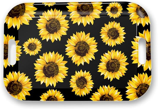Serving Trays with Handles, 14.5 x 9.8 inch Rectangular Plastic Tray for Restaurant, Kitchen, Sunflower Black Background-CasaMuseHome
