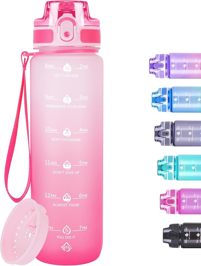 32oz Motivational Water Bottles with Time Marker & Fruit Strainer, Transparent Gradient Color Water Bottle with Times to Drink, Leakproof & BPA Free, Reusable Bottle with Strap (No Straw)-CasaMuseHome