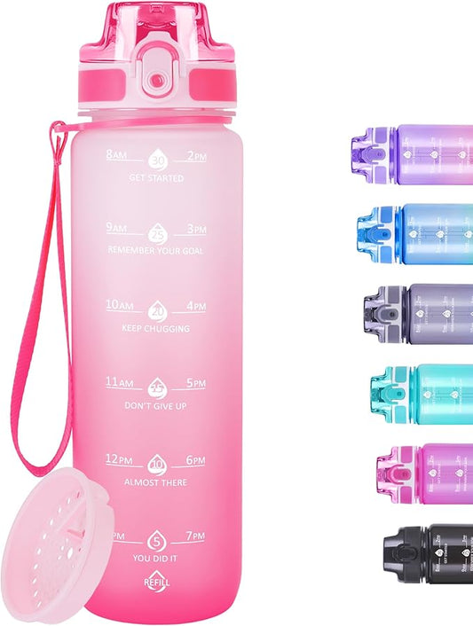 32oz Motivational Water Bottles with Time Marker & Fruit Strainer, Transparent Gradient Color Water Bottle with Times to Drink, Leakproof & BPA Free, Reusable Bottle with Strap (No Straw)-CasaMuseHome