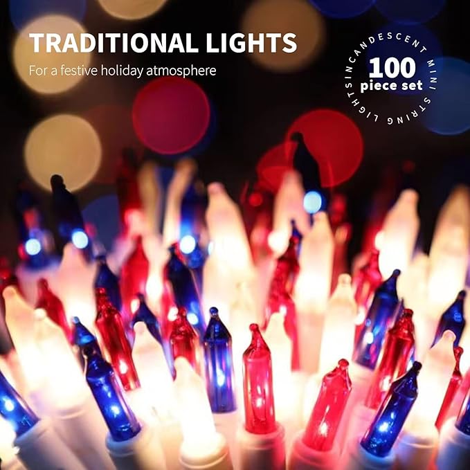 100LIGHTS RED White and Blue Extra-Bright with End Connectors 4th July Decoration Patriotic Mini String Lights 5.98m UL Certified Waterproof for Home Garden Holiday Tree Party Patio-CasaMuseHome