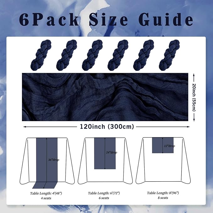 6 Pack Navy Blue Cheesecloth Table Runner 10FT Boho Fabric Rustic Cheese Cloth Table Runner for Wedding Bridal Shower Baby Shower Gauze Sheer Birthday Party Table Decorations 20 x 120 Inch Long-CasaMuseHome