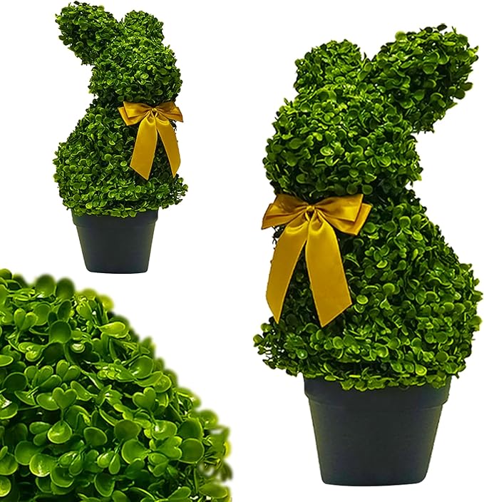 2 Pcs Artificial Bunny Shaped Topiary Trees, Artificial Green Boxwood Bunny Decorations with Gold Bow, Perfect for Indoor & Outdoor Front Porch, Easter& Garden Decor (Bunny Tree with Base)-CasaMuseHome