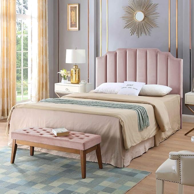 24KF Pink Velvet Tufted Queen Upholstered Headboard, Modern Vertical Channel Design California Queen/Full Headboard with Stepped Silhouette Top Edge, Pink-CasaMuseHome