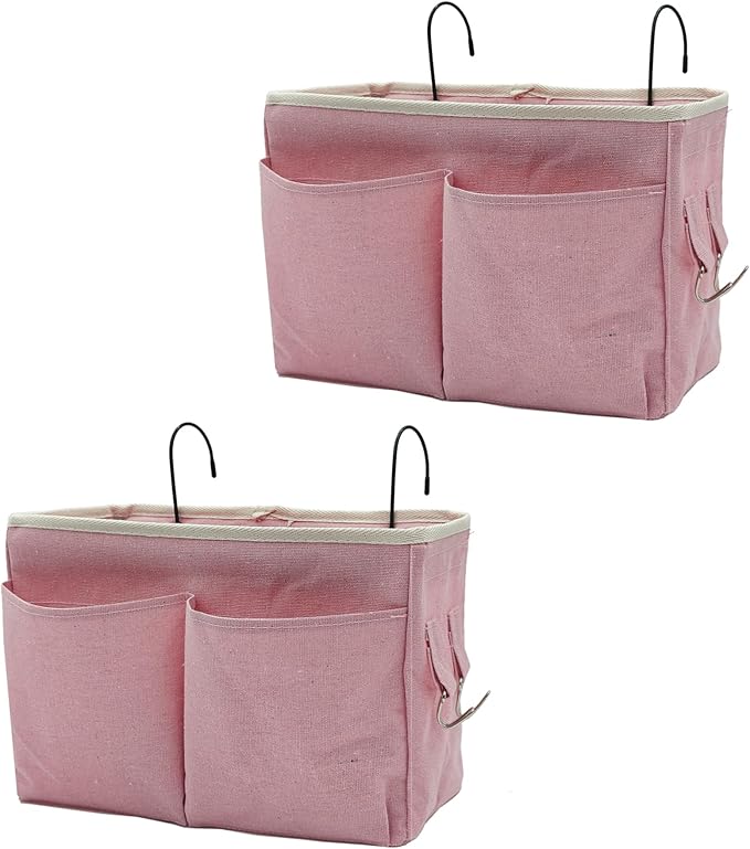 2-Pack Bedside Caddy Bedside Hanging Storage Basket Multi-Function Organizer Caddy for Bunk and Hospital Beds Dorm Rooms Bed Rails, Can be Placed Glasses Books Mobile Phones（2 pcs pink）-CasaMuseHome