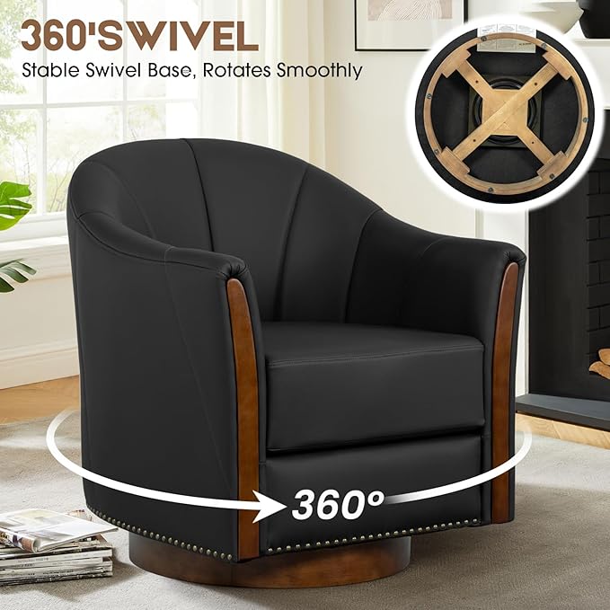 360° Swivel Accent Chair, Modern Leather Barrel Club Chair with PU Leather Upholstery and Sturdy Wood Base, Comfortable Armchair for Living Room, Bedroom, Reading Nook, Black-CasaMuseHome
