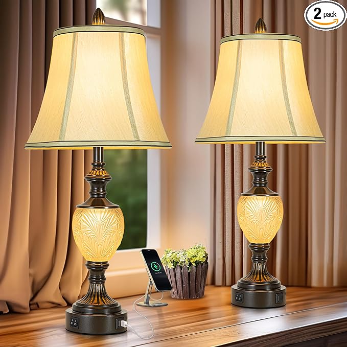 27'' High Vintage Table Lamp Set of 2 for Living Room Farmhouse Bedside Lamp with Fabric Shades Boho Nightstand Lamp with USB and Nightlight for Bedroom Home Office Hotel Bar (Bulb Included)-CasaMuseHome